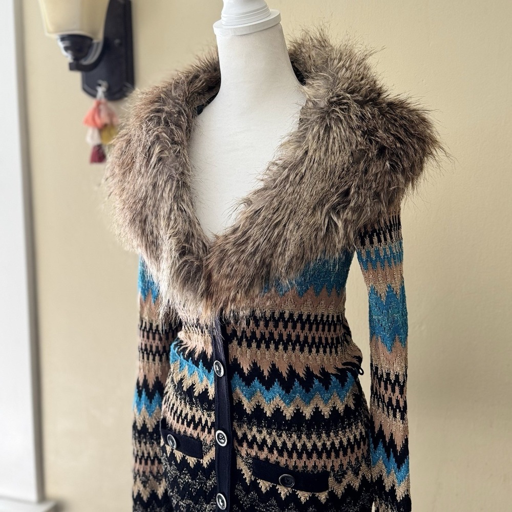 Cache VTG Womens Faux Fur Collar Chevron Cardigan XS Multicolor Glitter Y2K Glam